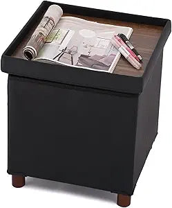 Dorriss Storage Ottoman for Living RoomSquare Ottoman with Tray Bedroom Cube Foot Rest Stool with Legs Ottomans Coffee Table Lid Foldable Footstool Faxu Leather 15" Inch(Black)
