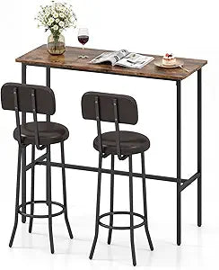 COSTWAY 3-Piece Industrial Bar Table Set, Counter Height Rectangular Dining Table with 2 Upholstered Stools & Footrests, Space-Saving Pub Table & Stools Set for Dining Room & Living Room