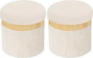 xuperbonus Small Ottoman with Storage,Folding Round Ottoman with Gold Trim,Velvet Storage Stool,Foot Stool with Soft Padded,Foot Rest for Living Room13x13x12.4(YZbeige,2pcs)