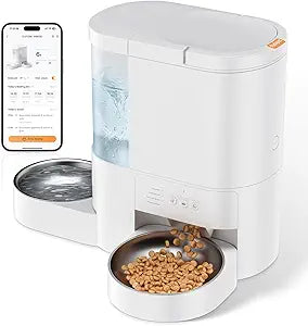 Automatic Cat Feeder and Water, 5G WiFi App Controlled Cat Dry Food Dispenser, 2 in 1 Timed Pet Feeder, 4L Food & 3L Gravity Waterer with Voice Recording, 10 Meals Programmable 1-15 Portion Control