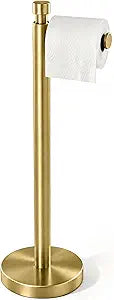 YUMORE Toilet Paper Holder Stand, 4.4lbs Heavy Duty Stainless Steel Free Standing Bathroom Tissue Roll Holder, Brushed Gold