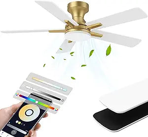 42 Inch Ceiling Fans with lights,RGB Low Profile Ceiling Fan with Light and Remote Control,Modern Flush Mount Ceiling Fans for Bedroom,Patio,Porch,Outdoor Indoor Use,in Black White and Gold,Quiet