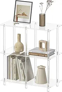 Acrylic 4-Cube Bookshelf, 11.6" D x 23.6" W x 26.5" H, 3-Tier Clear Low Bookcase for Small Spaces, Open Display Book Shelf for Home Office, Living Room, Bedroom, Modern, Easy Assembly