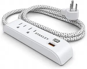STANLEY Surgemax Surge Protector Power Strip with 2 Grounded Outlets 1 USB-C 1 USB-A Ports 300 Joules Surge Protection 6 Ft Fabric Braided Cord AWG 16/3 125V/13A 1625W Cord White ETL Listed