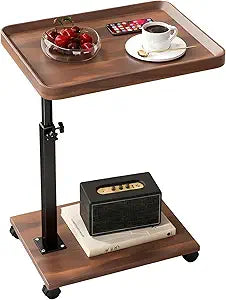 Modern C Shaped Tables Adjustable Height, 360 Swivel Bed End Tables with Wheels, Small Side Table for Couch Living Room (Walnut Color)