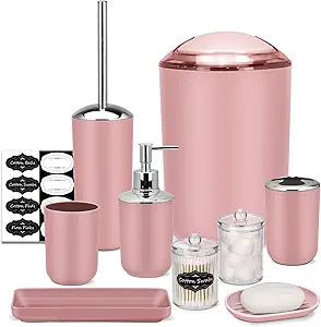 IMAVO Bathroom Accessories Set,Pink Bathroom Set,9 Pieces Bathroom Accessory Set,Tray,Qtip Holders,Toilet Brush,Trash Can for Bathroom Dcor and Home Gifts