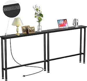 Keelian 63" Sofa Table Narrow Long - 2 Power Outlets & 4 USB Ports, Metal Frame,Behind Couch Table Behind Sofa for Living Room, Hallway, Entrance- Easy Assembly, 4.9' Extension Cord Included.