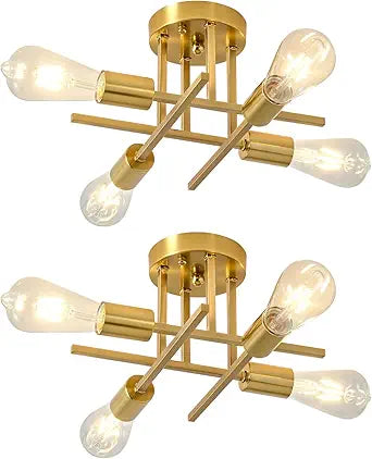 EGM 4-Light Bedroom Light Fixture, Gold Sputnik Ceiling Light Fixture with E26 Bulb Base, Modern Semi Flush Mount Ceiling Lamp for Dining Room Foyer Kitchen Living Room (2 Pack)