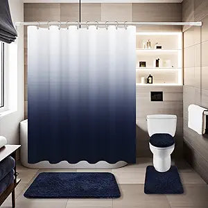 4 Pcs Navy Blue Shower Curtain Sets with Rugs Solid Bathroom Sets with Shower Curtain and Rugs and Adjustable Toilet Lid Cover for Luxury Bathroom Decor
