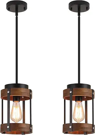 2 Pack Rustic Farmhouse Wood Pendant Light Fixture One-Light Adjustable Rods Oak Wood and Metal Drum Cage Small Pendant Lighting for Kitchen Island Sink Hallway Bathroom Bar Farmhouse, Black