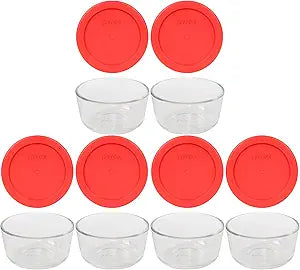 Pyrex 7200 2 Cup Glass Bowls & 7200-PC Red Food Storage Replacement Lids (6-Pack) - Made in USA