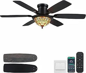 Tiffany Ceiling Fans with Lights - 52" Ceiling Fan Chandelier with Stained Glass Shade, 6 Speeds Reversible 6 Dual-Blades, Flush Mount, 3 CCT Dimmable LED Lights, Remote & APP Control, Farmhouse
