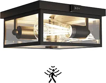 Outdoor Ceiling Light with Motion Sensor, Flush Mount Porch Light, Exterior Light Fixture with Clear Glass, Dusk to Dawn 2-Light Fixture for Patio,Porch (8.5 in)
