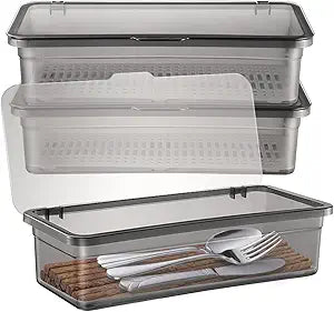 Cabilock 3 Pack Silverware Organizer with Lid, Cutlery Tray Utensil Holder for Kitchen Drawer, Dustproof Flatware Storage Box with Drainer for RV Camping, Black