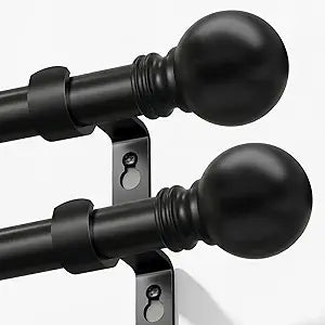 Modern Black Curtain Rods 2 pack for Windows 48 to 84 Inches Adjustable Length Heavy Duty 1" Diameter Window Curtain Rod with Round Decorative Finials for Bedroom Living Room Kitchen Farmhouse