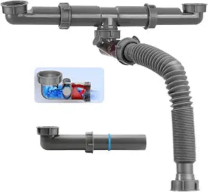 1-1/2 inch Kitchen Sink Drain Kit, space-saving kitchen drain with P-trap and extendable flexible hose (overflow preventer)