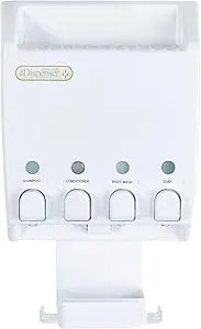 Better Living Ulti-Mate Shower Dispenser Caddy 4, Wall Mount Shower Soap Dispenser for Bathroom, Shelf, Built-in Hooks & Soap Dish, No Drill, Shampoo and Soap Dispenser, 4 x 14.5 oz, White