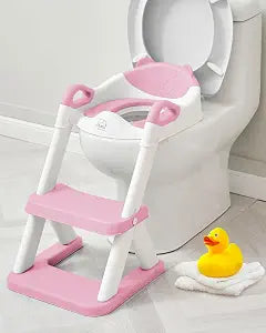 Forbena Girls Potty Training Seat with Step Stool Ladder, Pink Toilet Potty Seat for Baby Girl Toddlers, Kids Chair Stairs with Handles and Soft Cushion (White and Pink)