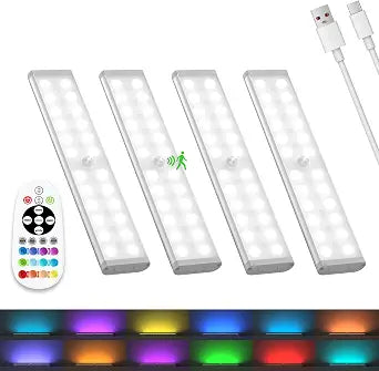 Under Cabinet Lights Wireless, 58-LED Rechargeable Motion Sensor Closet Lights with Remote Control, RGB Color Changing Under Counter Lights for Kitchen, Pantry, Bedroom, Stairs, 4 Pack