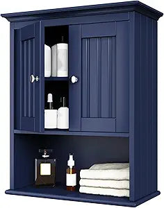 Treocho Wood Wall Cabinet, Bathroom Medicine Cabinet Storage with Doors and Adjustable Shelf, Rustic Cabinet Wall Mounted for Bathroom, Living Room, Kitchen, Blue