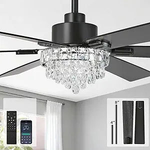 52 Inch Crystal Chandelier Ceiling Fan with Light, 6-Speed Remote Control Black Fandelier with Timer, 6 Reversible Blades Fan Chandelier for Living Room Bedroom, Dimmable LED Light, Quiet DC Motor