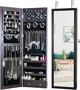 8 LED Lights Jewelry Armoire with Mirror - 47.3' H Cabinet Door Hanging/Wall Mounted Mirror With Storage And 2 Drawers - Brown
