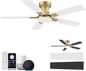42 Inch Ceiling Fans with Lights,Smart Low Profile Ceiling Fan with Light and Remote Control,Modern Flush Mount Ceiling Fans for Bedroom,Patio,Porch,Outdoor Indoor Use,in Black White and Gold,Quiet