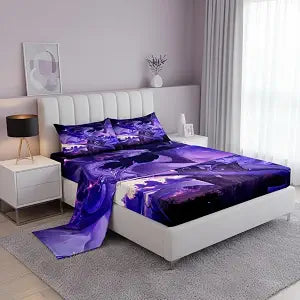 Manfei Purple Dragon Bed Sheet Set 2 Pillowcases,Gothic Flying Animal Wings Ancient Theme Sheets Set,Mystic Lightning Sky Psychedelic Sheet Sets with Deep Pocket,Top Flat Sheet,King Size