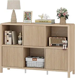 FATORRI 6 Cube Horizontal Bookshelf with 3 Doors, Modern Wood Book Shelf with Storage, Low Cubby Bookcase for Home Office (Light Walnut)