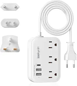 European Travel Plug Adapter, US to UK Europe Power Strip for EU/UK/US with 5ft Extension Cord, 3 USB Ports 3 AC Outlets, International Travel Power Strip, Type C for Europe EU Germany France