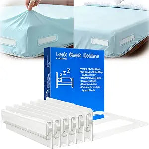 Bed Sheet Holders for Corners, 6 Pcs Lock Fitted Sheet Holder Firm and Tight, Anti-Slip Mattress Cover Side Sheet Grip for King Queen Kids, Easy Installation