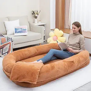 Ultra-Soft Human Size Dog Bed for People and Pets; 77x51x11 Extra Large Dog Bed with Raised Cushioned Rim, Removable Cover, Waterproof Lining and Bonus Blanket (77"x51"x11", Brown)