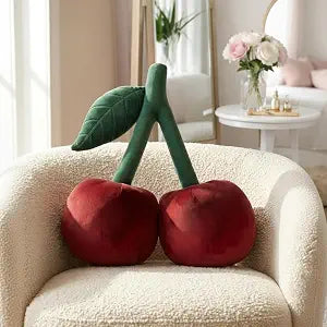 Cherry Pillow for Preppy Room Decor 17x14 In 3D Decorative Cherry Throw Pillow in Luxe Velvet Shape Hold Fill Fruit Cushion with Sculpted Stem & Embroidered Leaf for Sofa & Aesthetic Home Decor ,Red