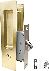 Pocket Door Lock with Key Privacy Pocket Door Handle Hardware with Lock for Bathroom Bedroom Invisible Rectangular Edge Pull Furniture Hardware(Brushed Gold, 7 Inch)
