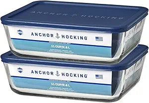Anchor Hocking 11-Cup Glass Storage Containers with Lids, Set of 2 Glass Food Storage Containers with Navy SnugFit Lids