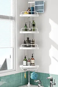 Corner Shower Caddy Tension Pole: Rust Proof 4Tier Shampoo Storage Organizer for Inside Shower - Telescoping Rod Shower Rack for Bathroom and Bathtub - Restroom Floor Standing Bath Rack Holder