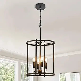 Luvkczc 4-Light Black Chandelier, Industrial Black Lantern Ceiling Light Fixtures with Rustic Metal Cage Adjustable Height Farmhouse Geometric Hanging Light for Kitchen Island, Dining Room, Entryway