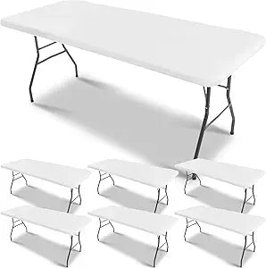 Oudain 6 Pcs Tablecloth for Folding Fitted Rectangular Table Cloth 30 x 72 Inch Vinyl Waterproof Plastic Table Cover Flannel Backed with Elastic Rim for Indoor Outdoor Picnic Party (White)