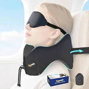 Patented Head-Bobble-preventing Ergonomic 360 Supporting Golden Formula Memory Foam Travel Neck Pillow w/3D Contoured Eye Mask Set Long Trip Sleeping Essentials for Airplane Flight Car Bus