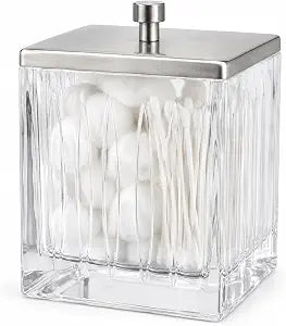 Vince Camuto Home Glass Cotton Jar Holder  Nickel Lid, Elegant Bathroom Storage Canister for Qtips, Cotton Balls, Floss, Makeup Organizer, Vanity & Bathroom Organization