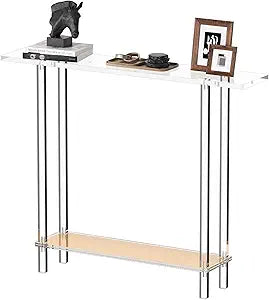 Acrylic Narrow Console Table, Rattan Thin Entryway/Sofa Side Table for Hallway, Bedroom, Living Room, Foyer, 7.6" D x 39.4" W x 31.5" H, Clear, Easy Assembly