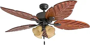 Honeywell Ceiling Fans Royal Palm, 52 Inch Tropical LED Ceiling Fan with Light, Pull Chain, Three Mounting Options, Hand Carved Solid Wood Blades - Model 50503-01 (Bronze)