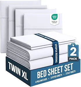 Twin XL Bed Sheets - Pack of 2 Sheet Sets - College Dorm Bedding for Students, Soft Brushed Microfiber, Shrinkage & Fade Resistant, Easy Care - Oeko Tex (White)