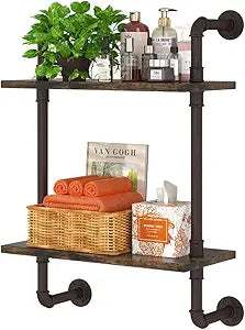 Helsin 2 Tier Industrial Pipe Floating Bathroom Shelves, 16inch Rustic Wood Wall Mounted Shelf, Storage Rack Sundries Holder for Kitchen Office Bathroom Organization & Home Dcor