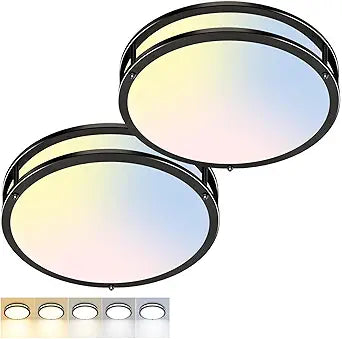 zemty 10Inch Black LED Flush Mount Ceiling Light Fixture, Dimmable &5CCT(3000K-6500K) Adjustable, 15W IP44 Damp-Rate Ceiling Lamp for Hallways, Bathrooms, Closets, Laundry Rooms-2Pack