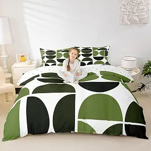 Erosebridal Olive Green Comforter Cover Retro Mid Century Bedding Set Queen Size, Boho Geometric Duvet Cover for Kids Boys Girls Adults Vintage Abstract Art Modern Bed Set