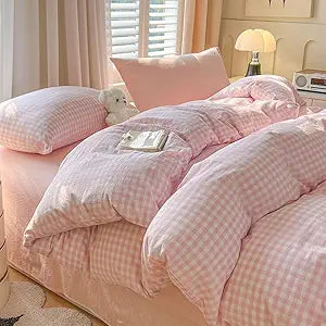 Nayoroom Pink Gingham Comforter Set Queen Size Plaid Checkered Comforter 3 Pcs Soft Lightweight Grid Farmhouse Dorm Bedding Set for All Seasons (1 Comforter, 2 Pillowcases)