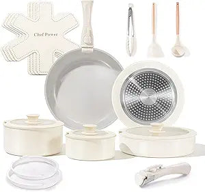 Chef Power Ceramic Nonstick Pots and Pans Set 19 Piece with Detachable Handle, Induction Dishwasher Oven Safe Cookware Set, RV Kitchen Set Removable Handle, Granite Grey and White