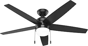 Hunter 52 inch Indoor Ceiling Fan with LED Light and Pull Chain - Black Modern Ceiling Fan, Standard Mount, 5 Blades, For Bedroom, Living Room, or Kitchen - Bardot 52491, Matte Black