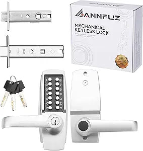 Mechanical Entry Keypad Door Handle Lock with Key,Auto-Locking Push Button Code Door Knob Lock,Single Sided Combination & Interior Hold-open Lever,for Front Gate,Garage,Office,Brushed Nickel